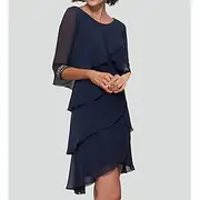 Sheath Cocktail Dresses Elegant Dress Semi Formal Knee Length Half Sleeve Jewel Neck Fall Wedding Guest Chiffon with Rhinestone Ruffles 2025