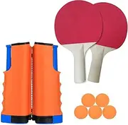 Portable Table Tennis Racquet Set, Include 1 Retractable Table Tennis Net + 5 Ping Pong Balls + 2 Table Tennis Bats, Easy to Install Retractable Net Post, Ping Pong Equipment for Anywhere