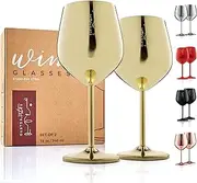 [Gusto Nostro] Stainless Steel Wine Glass - 18 oz Unbreakable Gold Wine Glasses for Travel, Camping and Pool - Fancy, Unique and Cute Portable Metal Wine Glass for Outdoor Events, Picnics (Set of 2)