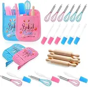 RoundFunny 24 Pcs Kids Baking Supplies for Real Cooking Games Prize Party Favors, with Kitchen Utensil, Pot Holders, Spatula, Rolling Pin, Whisk for Kids Gifts, Baking Cooking Party (Small)