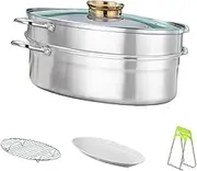 DimyFew Fish Steaming Pot Stainless Steel Roasting Pan Kitchen Pot with Cover Fish Poacher Steaming Pot for Coarse Grains Potatoes, Gold Double Layer
