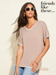 Friends Like These Mocha Curve Short Sleeve V-Neck Tipped Tunic (W21743) | $51