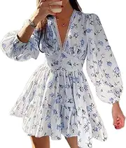 [ZPLxi] Women's Floral Print V Neck Long Sleeve Mini A-Line Dresses Spring Summer Short Casual Flowy Ruffle Chiffon Dress