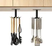 Aosome 2 Pcs Utensil Under Cabinet Holder 360° Rotating Stainless Steel Kitchen Utensil Holder Hangers 8-Hooks