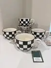 4-NWT MADE IN INDIA BLACK AND WHITE CHECKED DESIGN STONEWARE COFFEE/MOCHA MUGS