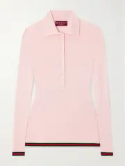 [Gucci] Gucci - Striped Ribbed Cashmere And Silk-blend Polo Shirt - Blush - M M Pink