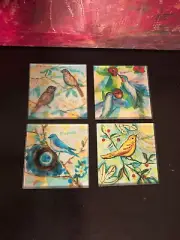 4 NEW Watercolors Flowers Tempered Wine Drink Glass Coaster Set Linda Altshuler