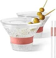 Martini Glasses, Plastic Reusable Insulated Freeze Martini Cups, Gel Chiller, Double Wall Stemless Martini Glasses Set of 2, Coral, 9 Oz Capacity, Martini Gifts, 2 Reusable Cocktail Straws