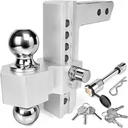 Adjustable Trailer Hitch - 8 Inch Drop Hitch for 2 Inch Receiver, Ball Mount Hitch 12,500 LBS, 2 and 2-5/16 Stainless Steel Dual Balls, Aluminum Tow Hitch with Double Anti-Theft Pins Locks