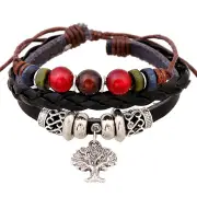 3Pcs Retro Life Tree Multi Layer Bracelet Alloy Leather Beaded Bracelet For Women