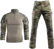 [Lanbaosi] Men's Tactical Combat Shirt and Pants Set Long Sleeve Multicam Woodland BDU Hunting Military Uniform 1/4 Zip