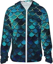 [RLDOBOFE] Women's UPF 50+ Sun Protection Hoodie Lightweight Jackets Shirt Blue fish scale pattern Long Sleeve Sun Shirts