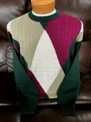 New NWT Mens Pringle M,L Argyle Green,Tan,Wine LS Cable Knit Sweater $120 value