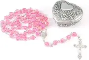 WHLHMK Rosary Beads Catholic for Girls With Rosary Box, Pink Crystal Heart Shaped Beads Rosary Necklace with Heart Shaped Vintage Jewelry Box, Anglican Prayer Beads Christian Gifts for Women