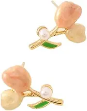 [liveliwithmin] Sweet Tulip Flower Stud Earrings Enamel Colorful Flower Ear Stud Jewelry Pearl Tulip Earrings for Women Girls, Zinc, No Gemstone