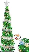 TURNMEON 5 Ft Prelit Christmas Pencil Tree with Timer 50 Warm Lights Star, Glitter Slim Pop Up Tinsel Christmas Tree Decorations Battery Operated Xmas Tree Indoor Home Decor(Green Silver)