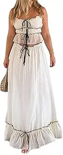 [Thopavenoir] Women Y2k 2 Piece Outfits Patchwork Front Tie-Up Camisoles and Ruched Ruffle Maxi Skirt Matching Set Beachwear