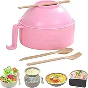 Microwave Ramen Cooker Bowl, 32Oz Ramen Bowl with Lid Chopsticks Fork Spoon, Wheat Straw Instant Noodle Bowl for College Dorm Room Apartment (Pink)