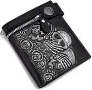 Men"s Punk Rocker Skull Imitation Leather Wallet Purse With Chain Black (4.7 Inch)