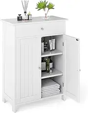 Giantex Bathroom Storage Cabinet, Floor Storage Organizer with 2 Doors, 2 Open Shelves, 3-Level Adjustable Shelf, Modern Storage Unit (White, Drawer Style)