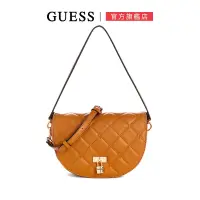 在飛比找Yahoo奇摩購物中心優惠-【GUESS】菱格縫線LOGO刺繡鎖扣斜背馬鞍包-黃褐