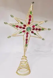 Gold Wire Jeweled 8 Point Star Tree Topper Large Christmas Acrylic 14"