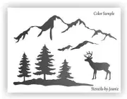 Joanie Stencil Deer Snowy Smokey Mountain Range Pine Tree Rustic Lodge Cabin Art