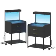 Advwin Bedside Table with Charging Station and LED Lights 2 Drawers and Open Storage Shelves Black