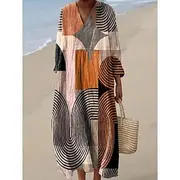 Women's Midi Dress Sundress A Line Dress Vacation Casual Boho Going out Beach Graphic Geometric Long Sleeve V Neck Dark Yellow Red Light Brown Blue Summer Spri