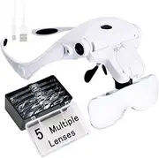 Magnifying Glass，USB Charging Hands Free Head Magnifier with 2 LED Light and 5 Lenses（1.0X 1.5X 2.0X 2.5X 3.5X），Professional Jeweler's Loupe Light Bracket and Headband are Interchangeable