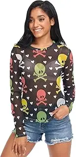 [RPLIFE] Colorful Skulls Black Mesh Shirts for Women, Sheer Rave Top S-XXL
