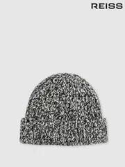 Reiss Black/White Vanetta Cotton Wool Ribbed Mouliné Beanie (E45214) | $95