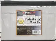 4pc Queen Bed Embroidered Sheet Set:flat&fitted sheets,pillowcases, GREY,HS