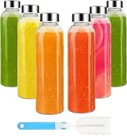 Guice Bottles Glass Water Bottle Reusable with Cleaning Brush,6Pcs 18oz BPA Free, Leak Proof Drinking Juice Bottles with Stainless Steel Lid Clear Bottle for Home, Office, Gym & Outdoors