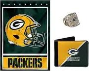 Green Bay Packers Sports Memorabilia Gift Set – Includes a ’11 Replica Super Bowl Ring, a Packers NFL Flag and a Green Bay Packers Leather Wallet – brought to you, Green Gold, Leather