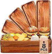 Roowest 8 Pcs Solid Acacia Wood Serving Tray 14'' x 5.5'' Rectangular Wooden Serving Platter Long Cheese Charcuterie Boards with Edges Wood Boards for Food Vegetable Appetizer Party Decor