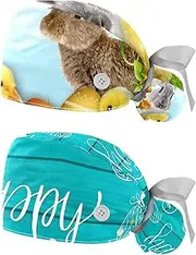 [WOSHJIUK] Working Hat 2 Pack Scrub Caps for Women,Happy Easter Rabbit Chick,Tie Back Cap Adjustable Scrub Hat