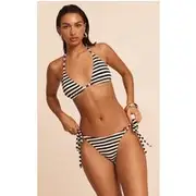 Black Textured Striped Tie Side Bikini Bottom, Black