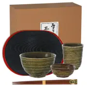 Set of 5 Japanese Porcelain Tea Cup Rice Soup Bowl Tray Chopsticks Made in Japan
