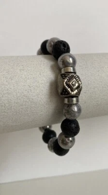 Lava stone glass beaded bracelet black silver unisex