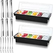 GUDAJIN 2-Pack Chilled Condiment Box, Condiment Container Set with Lid and Removable Refrigerated Condiment Tray Comes with 6 Tongs and 6 Fruit Forks for Home Work or Restaurant