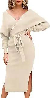 [Fixmatti] Women's Elegant V Neck Wrap Knit Dresses Batwing Sleeve Backless Slit Maxi Dress with Belted