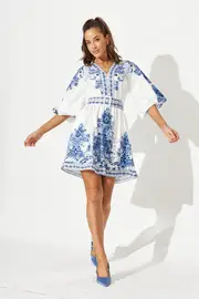 Amira Shirt Dress 3/4 Sleeve in White With Blue Print 8