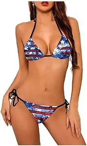 [Shukqueen] Womens Blue Stars Printed Separate Swimwear Sexy Tie Bikini Backless Top and Shorts Bikini Set Medium