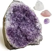Self-Love Crystal Healing Set: 1 Large Amethyst Geode (4" to 7") - Plus Rose Quartz, Rock Crystal, Amethyst Crystals, One Palo Santo Stick, and A Crafted Fabric Bag