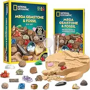 National Geographic Gem Fossil Dig Kit - Mega Dig Kit for Kids with 10 Gemstone & 10 Fossil Specimens, Excavation Tools Included, Great STEM Activity for Curious Boys and Girls Who Love to Explore