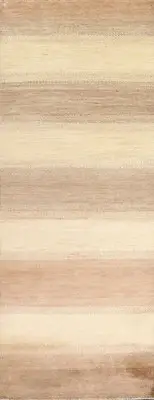 Handmade Striped Wool Carpet Beige Gabbeh Style Oriental Runner Rug 3x8 Ft
