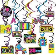 Bessmoso 28Pcs 80s Retro Neon Party Streamers - Multi-colored Cardstock Decorations for 1980s Throwback Birthday Party