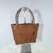 Peanuts Cute Peanuts Snoopy Genuine Leather Mini Tote Brown Tote Bag Shoulder Ba