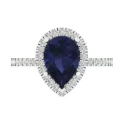 2.38Ct Pear Cut Blue Sapphire Solid Gold Halo Engagement Promise Statement Ring